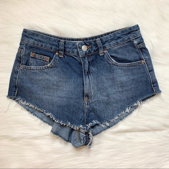 Topshop Moto Kiri Jean Shorts High Rise Waist Denim Raw hem Blue Size 4 - Picture 4 of 11